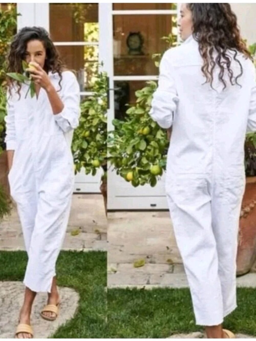 Frank & Eileen Womens Large White Linen Boilersuit Jumpsuit Coverall Utility